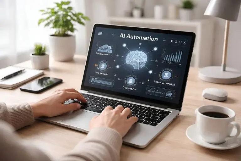 artificial intelligence, automation, machine learning, laptop, workspace, modern design, remote work, desk, productivity, digital workflow, neutral tones, natural lighting, nature, professional, home office, coffee cup, plant, creative workspace, teamwork, office plant